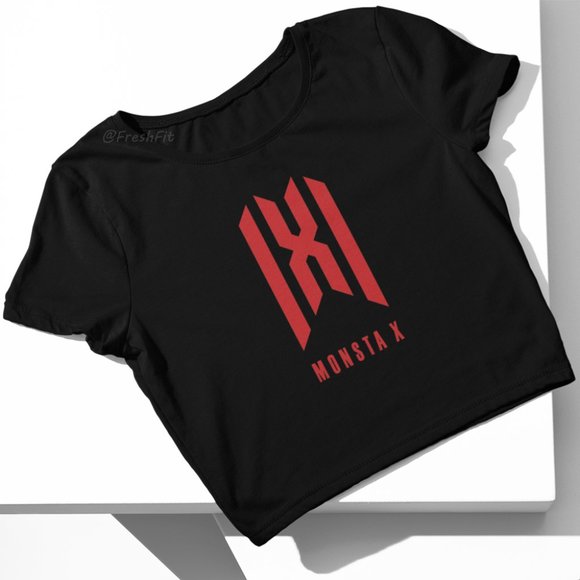 🆕Monsta X Red Logo Fan Fitted Crop Top T-Shirt Black - Picture 2 of 4